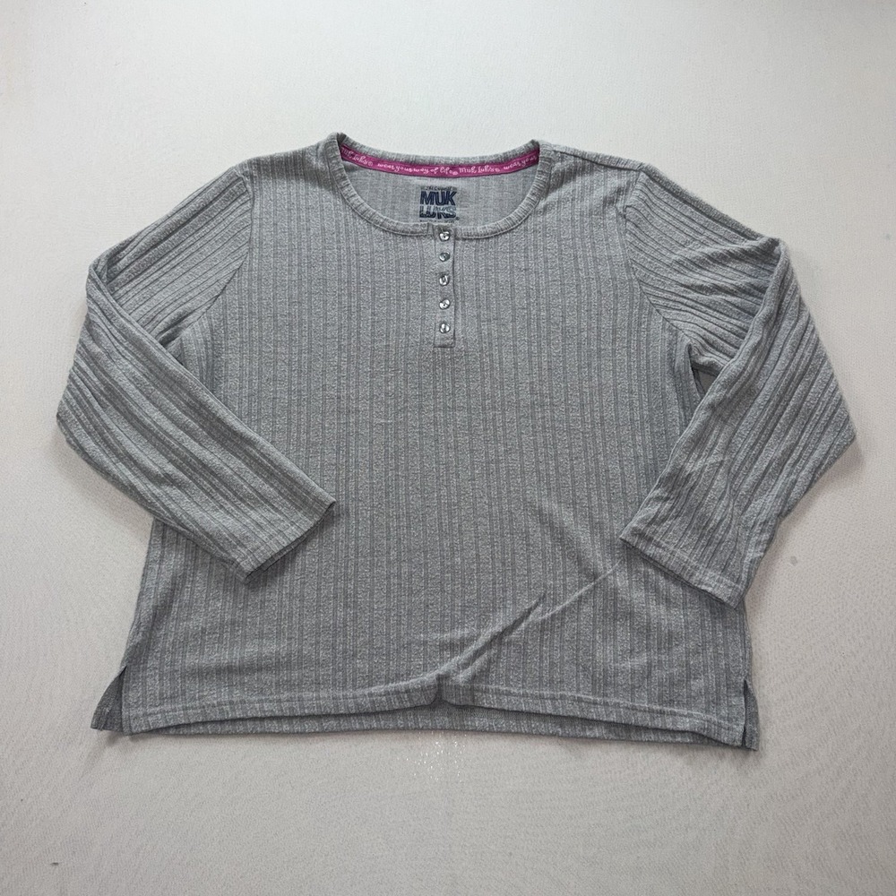 Muk Luks Henley Shirt Women XL Gray Excellent Ribbed Knit Long Sleeve Top